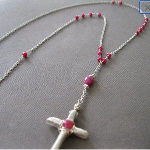 Sterling Silver Cross Pendant Ruby Necklace